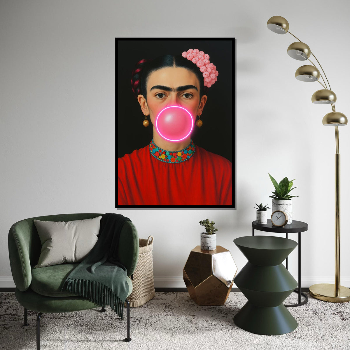 Frida Bubble Gum Canvas, Pop Art Frida Wall Art, Modern Feminist Wall Decor, Neon Bubblegum Portrait, Ready To Hang Canvas, Print Canvas