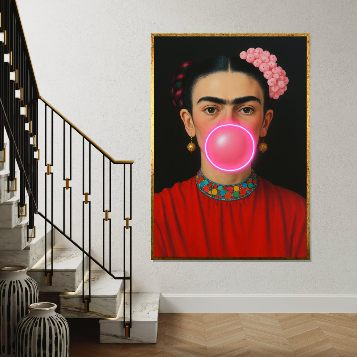 Frida Bubble Gum Canvas, Pop Art Frida Wall Art, Modern Feminist Wall Decor, Neon Bubblegum Portrait, Ready To Hang Canvas, Print Canvas