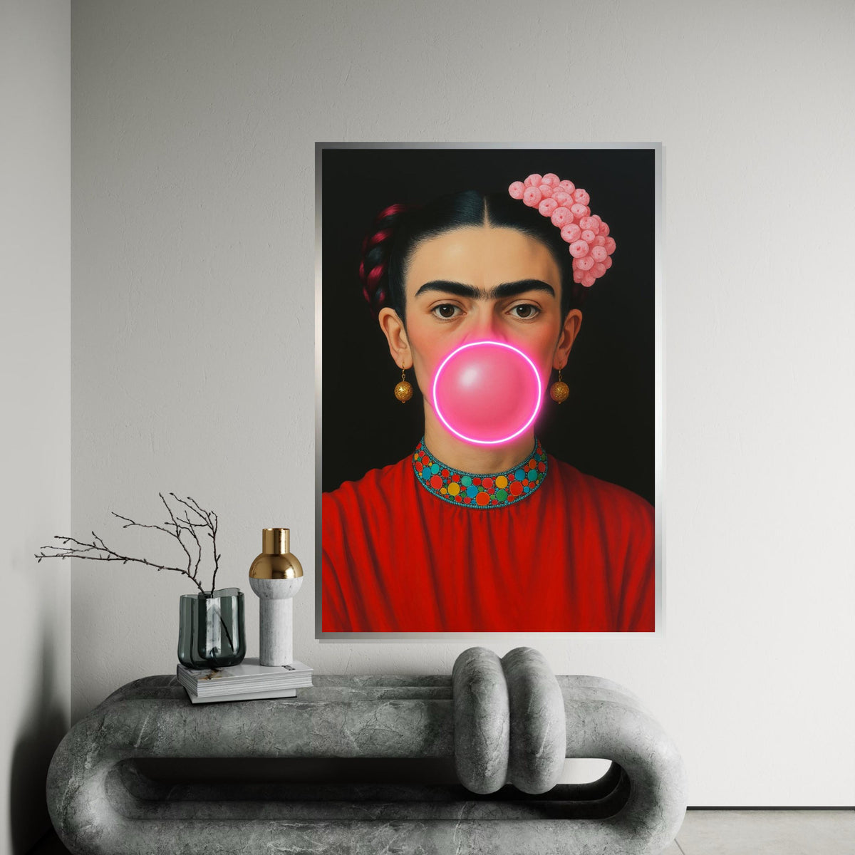 Frida Bubble Gum Canvas, Pop Art Frida Wall Art, Modern Feminist Wall Decor, Neon Bubblegum Portrait, Ready To Hang Canvas, Print Canvas