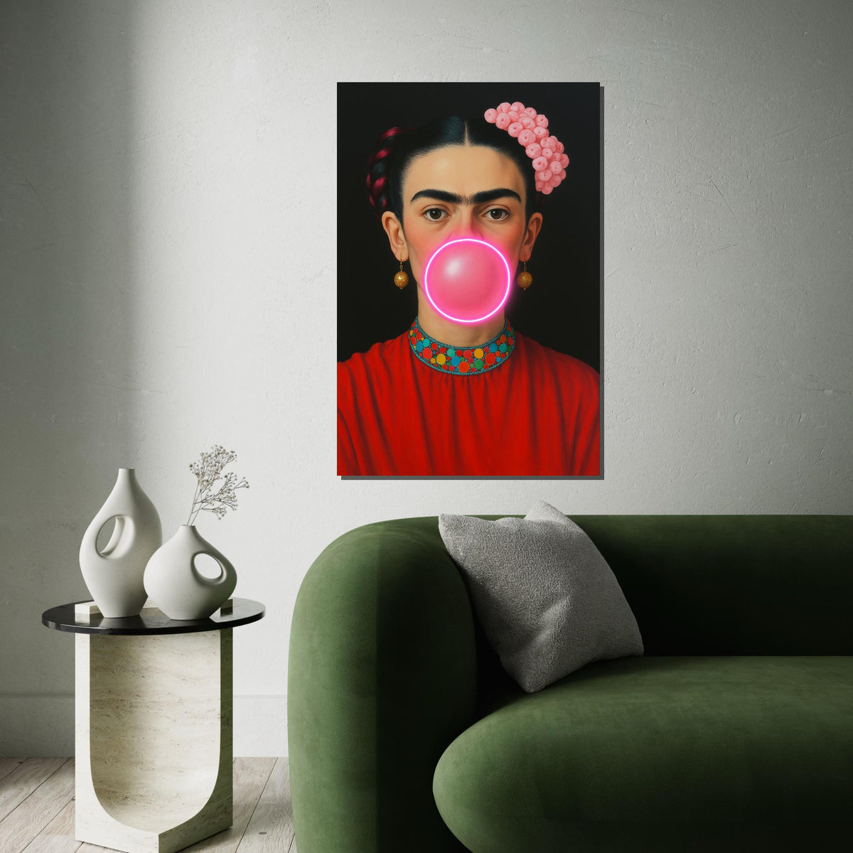 Frida Bubble Gum Canvas, Pop Art Frida Wall Art, Modern Feminist Wall Decor, Neon Bubblegum Portrait, Ready To Hang Canvas, Print Canvas