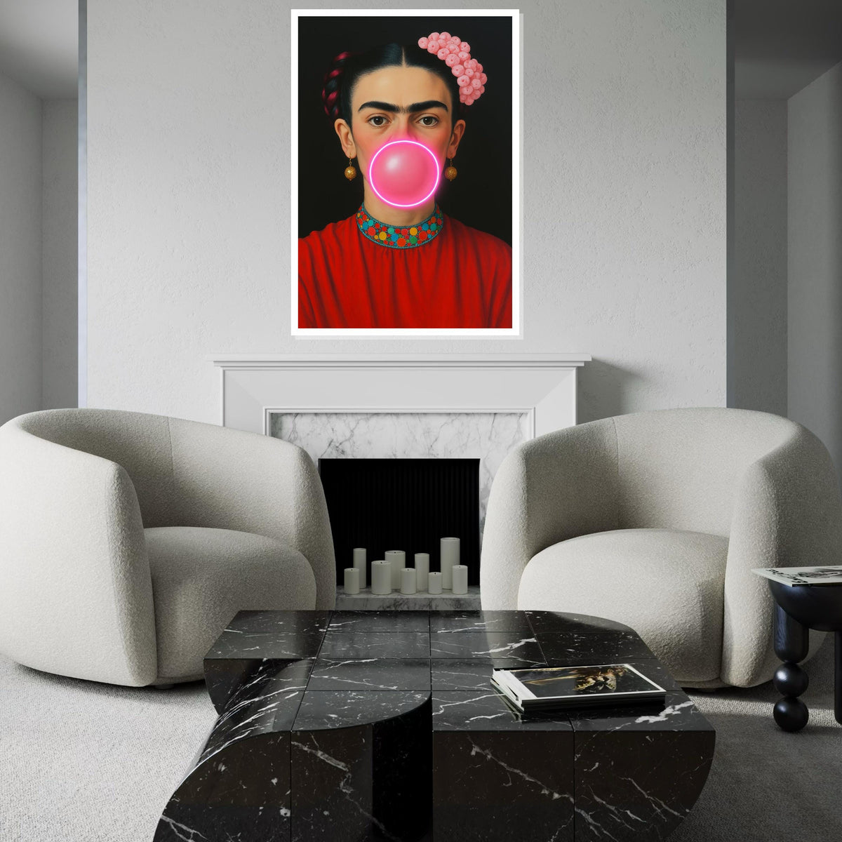 Frida Bubble Gum Canvas, Pop Art Frida Wall Art, Modern Feminist Wall Decor, Neon Bubblegum Portrait, Ready To Hang Canvas, Print Canvas