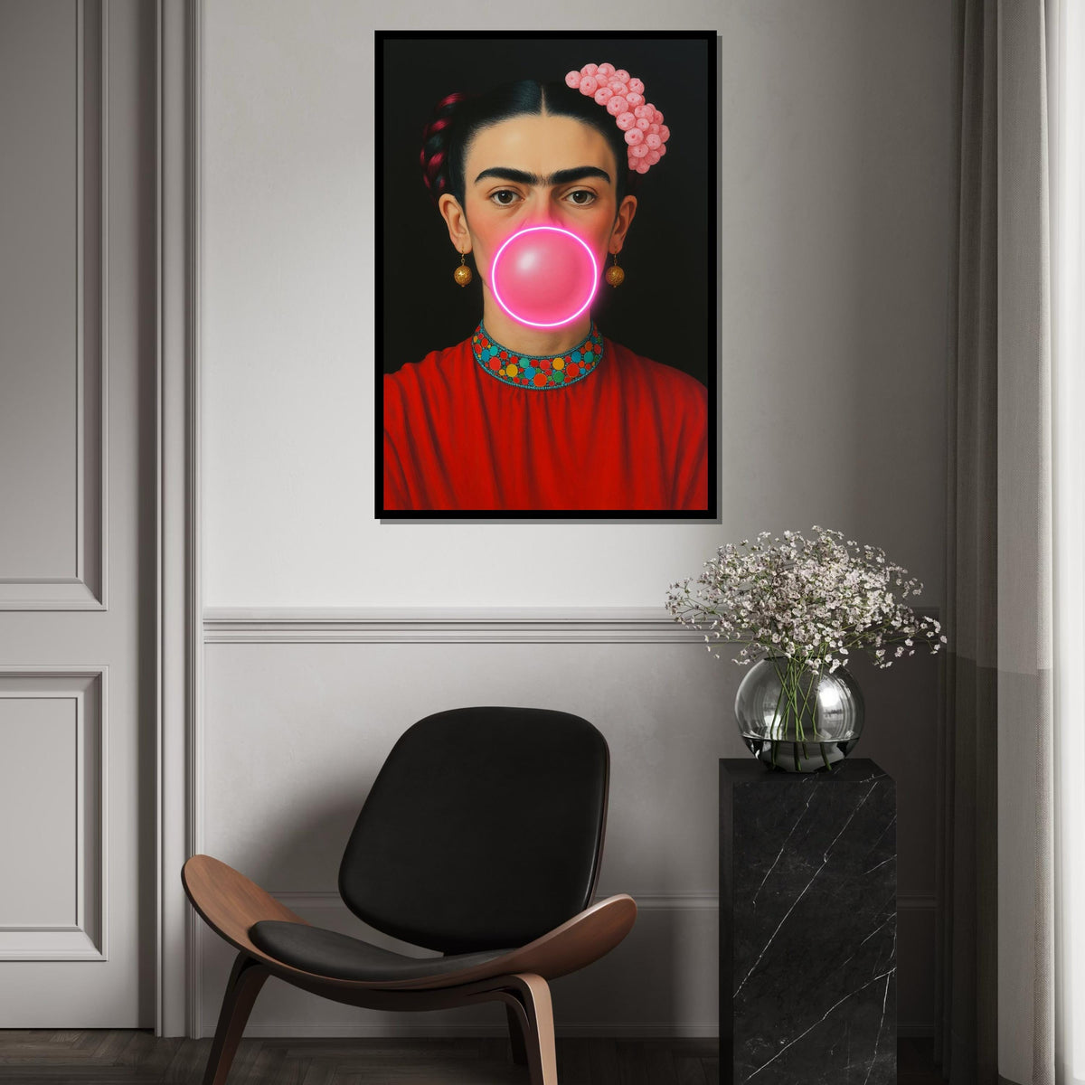 Frida Bubble Gum Canvas, Pop Art Frida Wall Art, Modern Feminist Wall Decor, Neon Bubblegum Portrait, Ready To Hang Canvas, Print Canvas