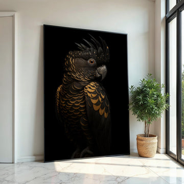 Majestic Black Cockatoo Canvas, Gold Feather Bird Art, Detailed Bird Print, Wall Art Canvas Design, Ready To Hang Decoration