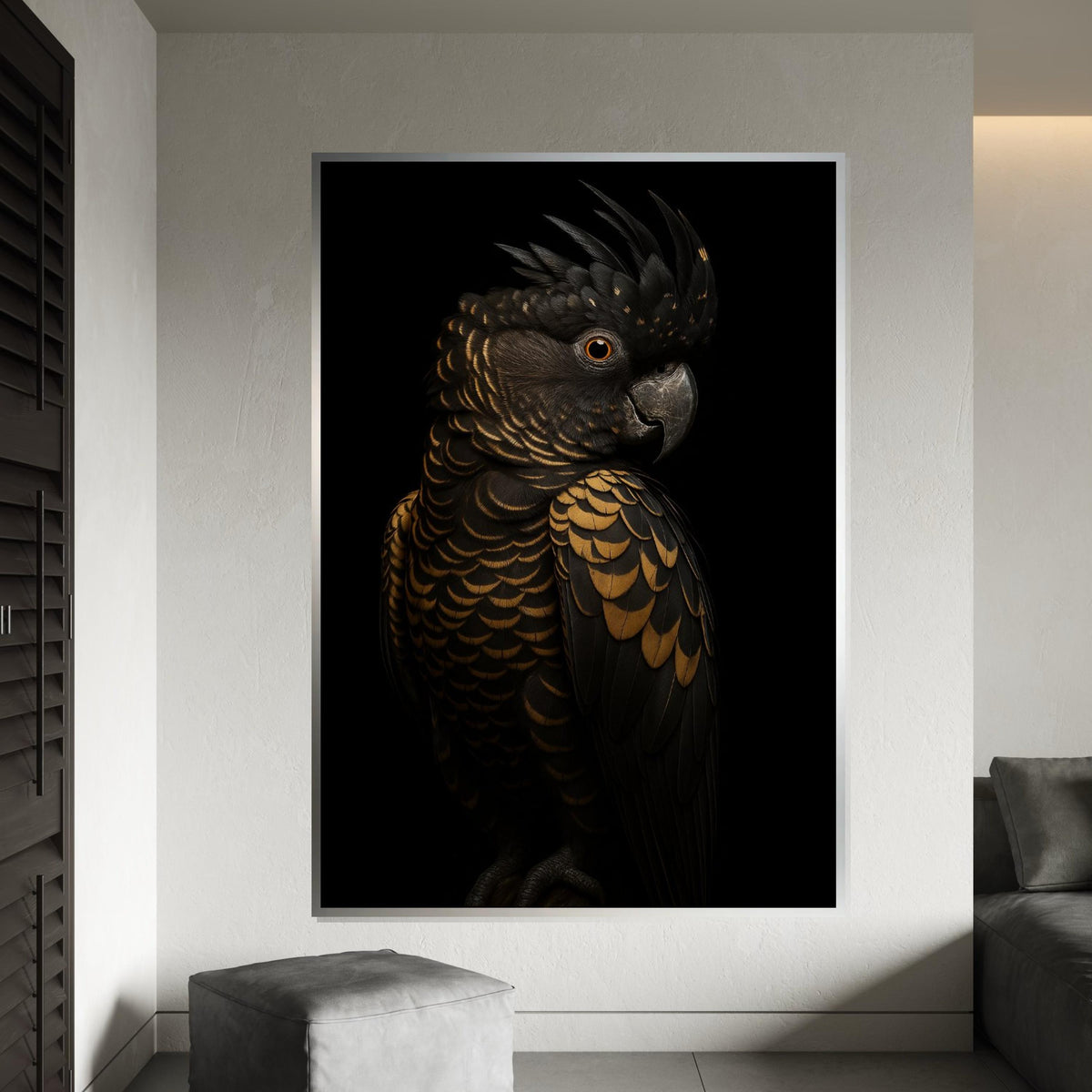 Majestic Black Cockatoo Canvas, Gold Feather Bird Art, Detailed Bird Print, Wall Art Canvas Design, Ready To Hang Decoration