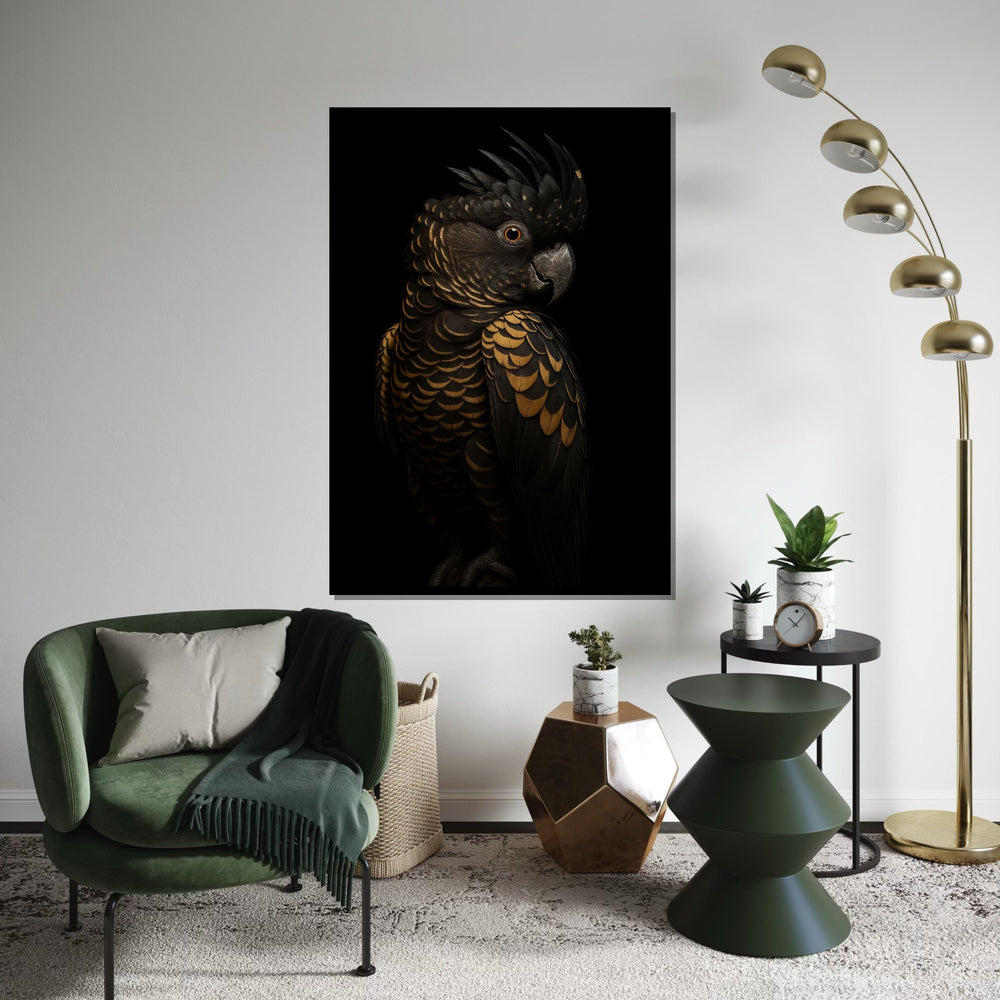Majestic Black Cockatoo Canvas, Gold Feather Bird Art, Detailed Bird Print, Wall Art Canvas Design, Ready To Hang Decoration