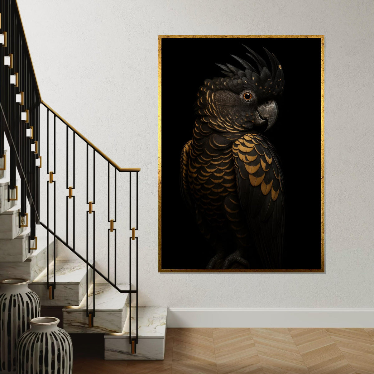 Majestic Black Cockatoo Canvas, Gold Feather Bird Art, Detailed Bird Print, Wall Art Canvas Design, Ready To Hang Decoration
