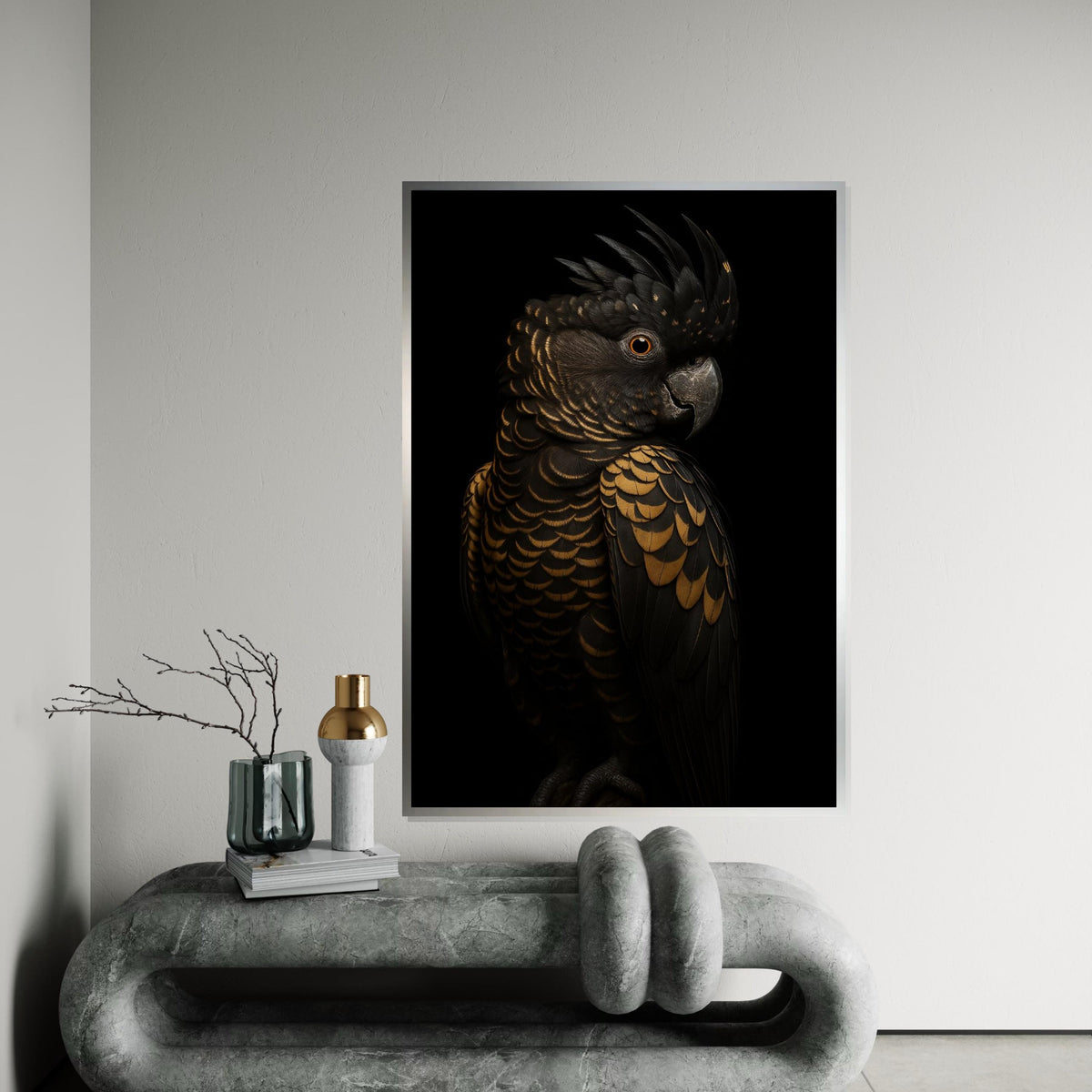 Majestic Black Cockatoo Canvas, Gold Feather Bird Art, Detailed Bird Print, Wall Art Canvas Design, Ready To Hang Decoration