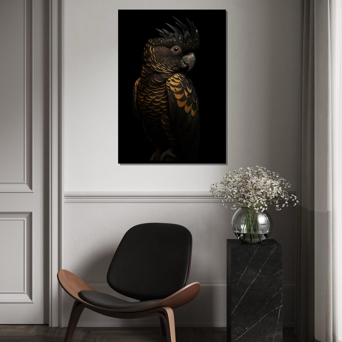 Majestic Black Cockatoo Canvas, Gold Feather Bird Art, Detailed Bird Print, Wall Art Canvas Design, Ready To Hang Decoration