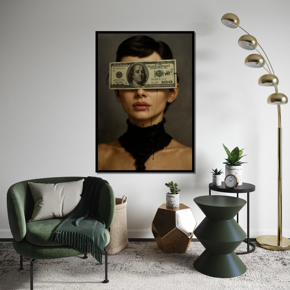 Audrey Hepburn Dollar Art, WTF Money Blindfold Canvas, Dark Feminine Pop Art, Surreal Portrait Wall Art, Ready To Hang Canvas