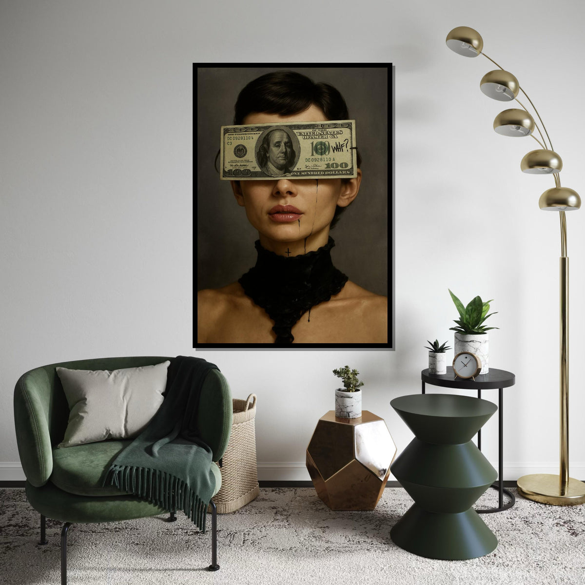 Audrey Hepburn Dollar Art, WTF Money Blindfold Canvas, Dark Feminine Pop Art, Surreal Portrait Wall Art, Ready To Hang Canvas