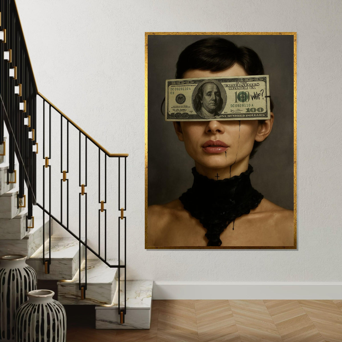 Audrey Hepburn Dollar Art, WTF Money Blindfold Canvas, Dark Feminine Pop Art, Surreal Portrait Wall Art, Ready To Hang Canvas