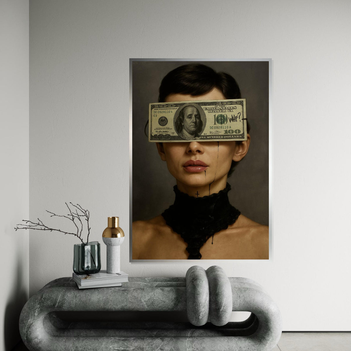 Audrey Hepburn Dollar Art, WTF Money Blindfold Canvas, Dark Feminine Pop Art, Surreal Portrait Wall Art, Ready To Hang Canvas