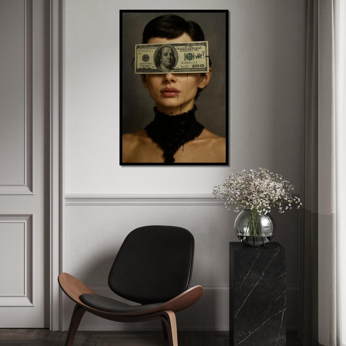 Audrey Hepburn Dollar Art, WTF Money Blindfold Canvas, Dark Feminine Pop Art, Surreal Portrait Wall Art, Ready To Hang Canvas