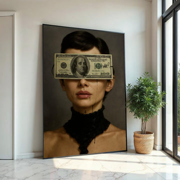Audrey Hepburn Dollar Art, WTF Money Blindfold Canvas, Dark Feminine Pop Art, Surreal Portrait Wall Art, Ready To Hang Canvas