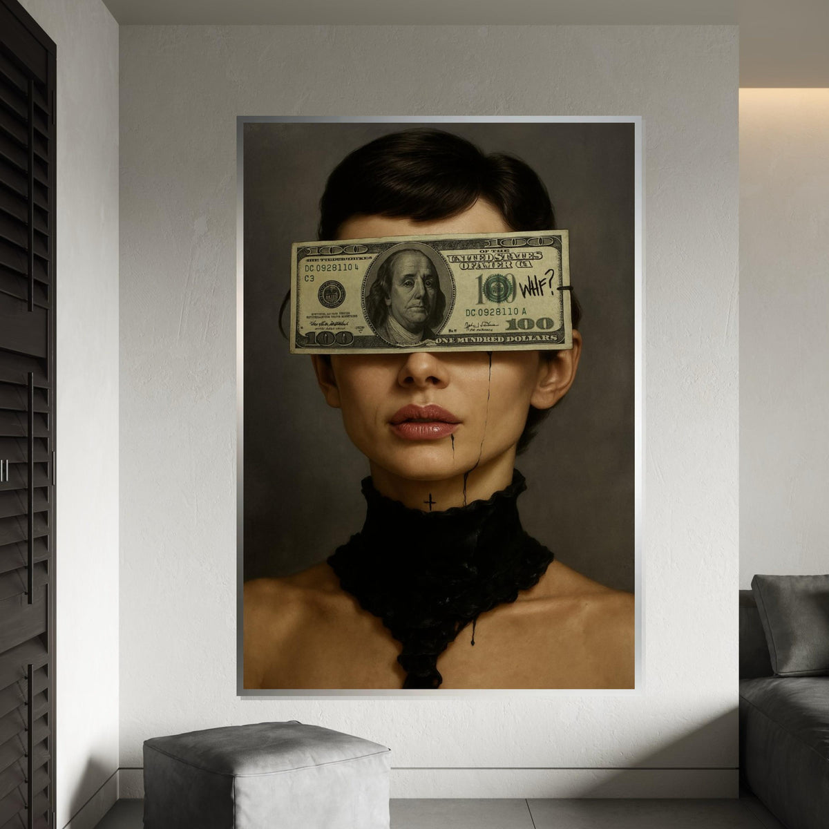 Audrey Hepburn Dollar Art, WTF Money Blindfold Canvas, Dark Feminine Pop Art, Surreal Portrait Wall Art, Ready To Hang Canvas