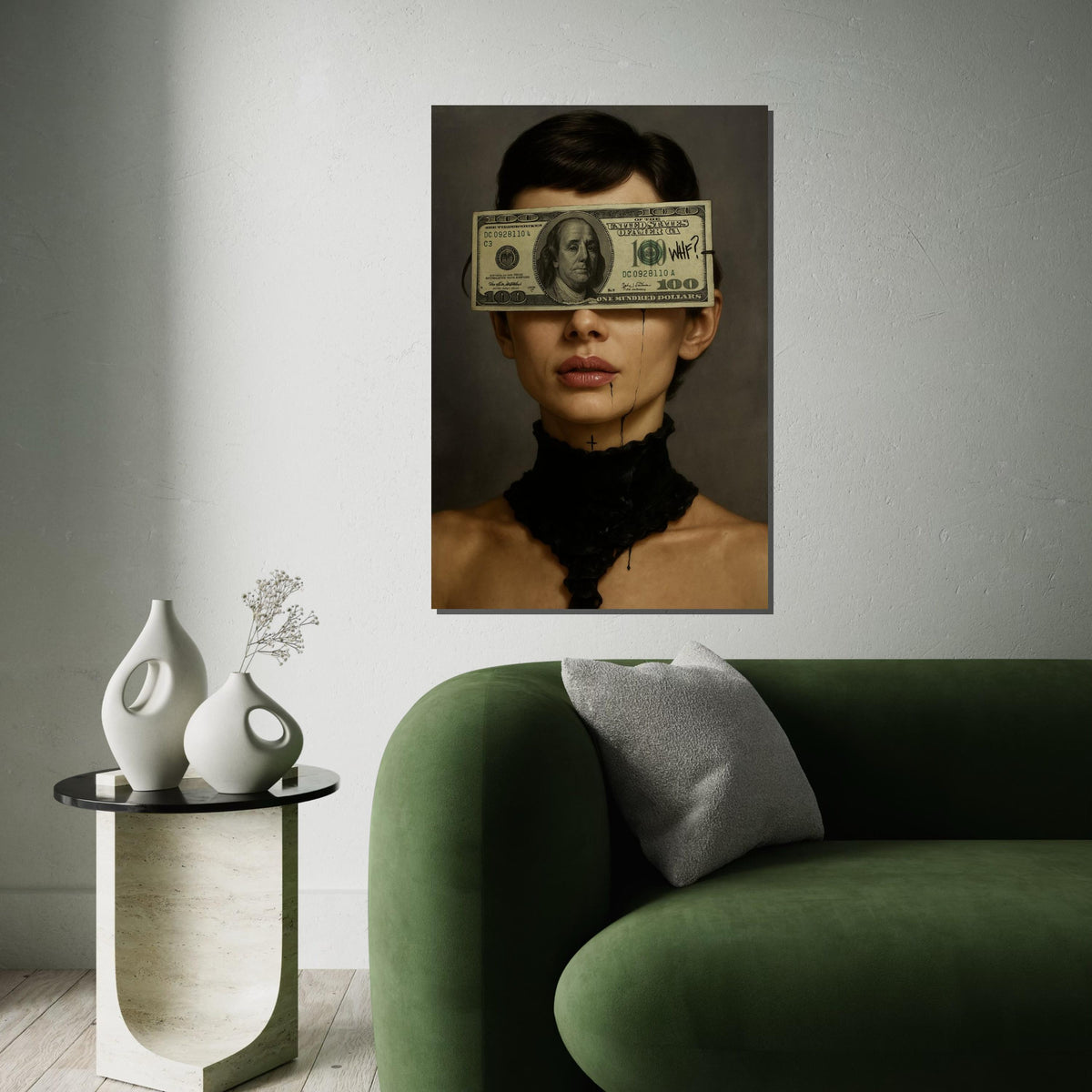Audrey Hepburn Dollar Art, WTF Money Blindfold Canvas, Dark Feminine Pop Art, Surreal Portrait Wall Art, Ready To Hang Canvas