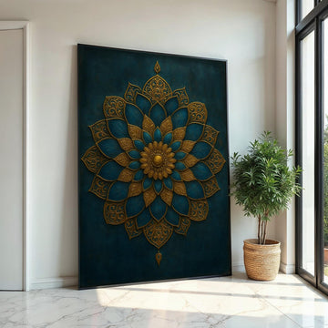 Ornamental Mandala Canvas, Gold and Teal Mandala Art, Elegant Wall Design, Wall Art Canvas Design, Ready To Hang Decoration, Print Wall Art