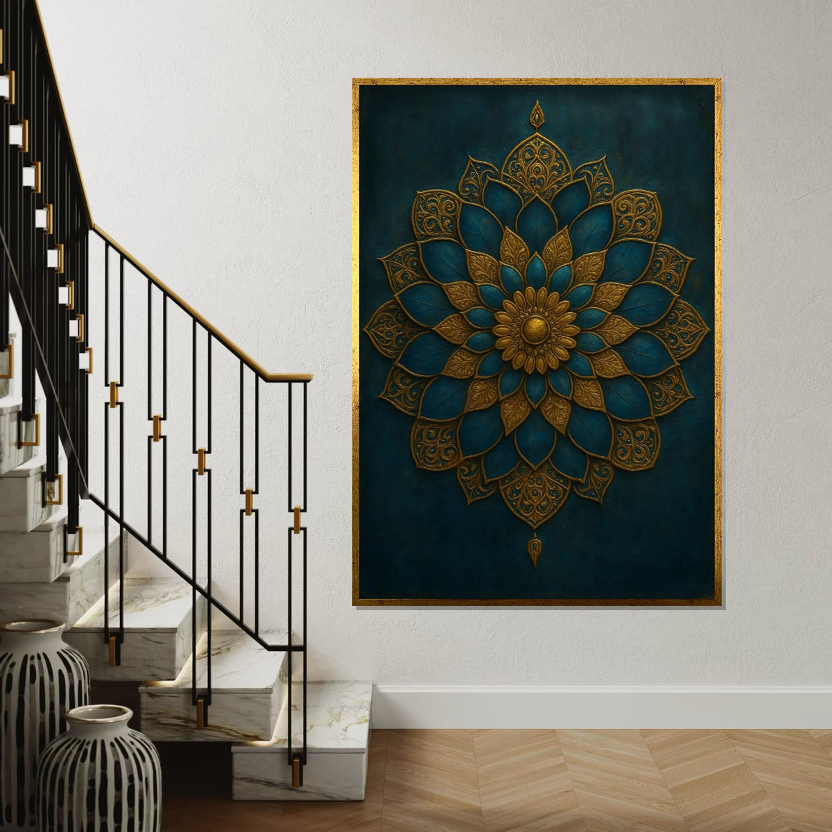 Ornamental Mandala Canvas, Gold and Teal Mandala Art, Elegant Wall Design, Wall Art Canvas Design, Ready To Hang Decoration, Print Wall Art