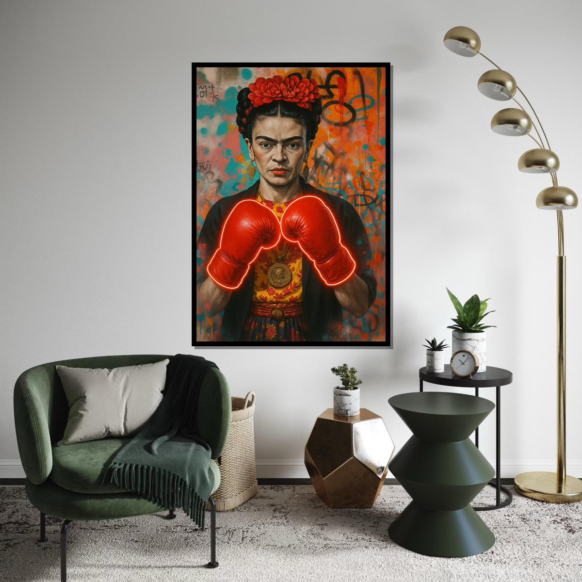Frida Boxing Gloves Canvas, Feminist Street Art Print, Neon Pop Art Frida Wall Art, Bold Empowerment Decor, Ready To Hang Canvas