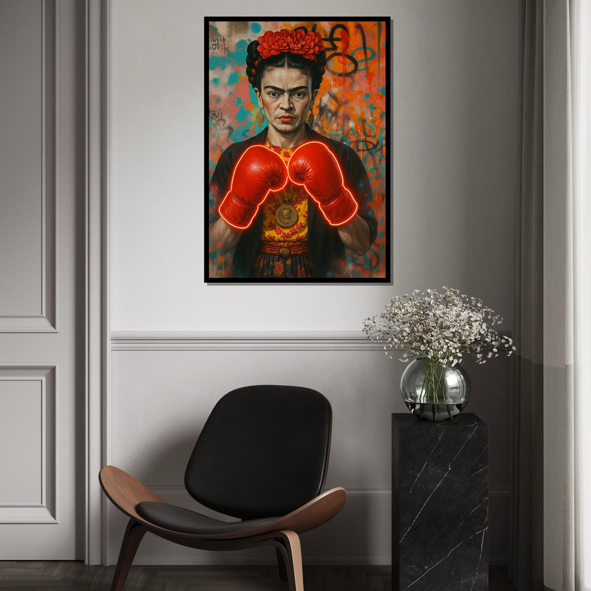 Frida Boxing Gloves Canvas, Feminist Street Art Print, Neon Pop Art Frida Wall Art, Bold Empowerment Decor, Ready To Hang Canvas