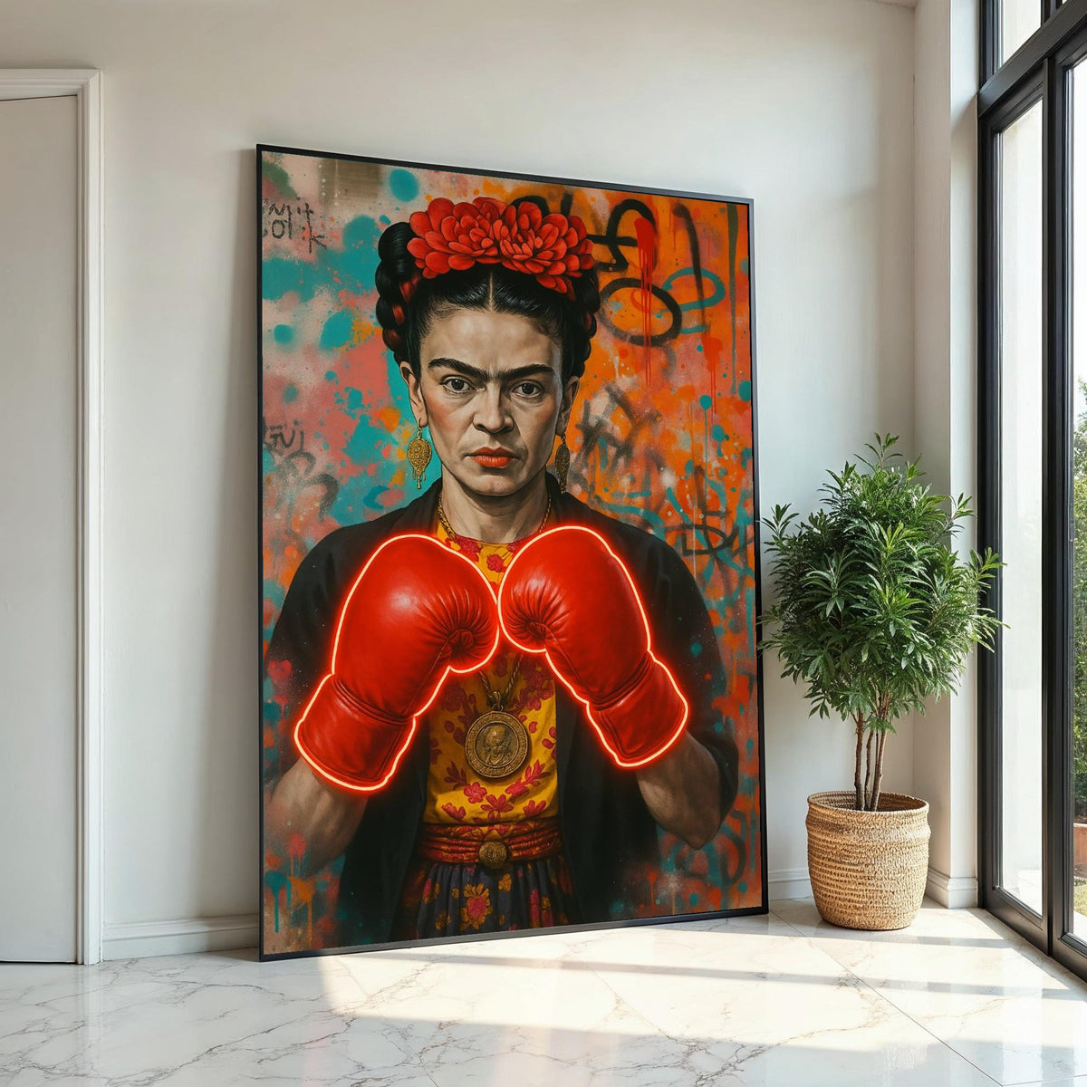 Frida Boxing Gloves Canvas, Feminist Street Art Print, Neon Pop Art Frida Wall Art, Bold Empowerment Decor, Ready To Hang Canvas