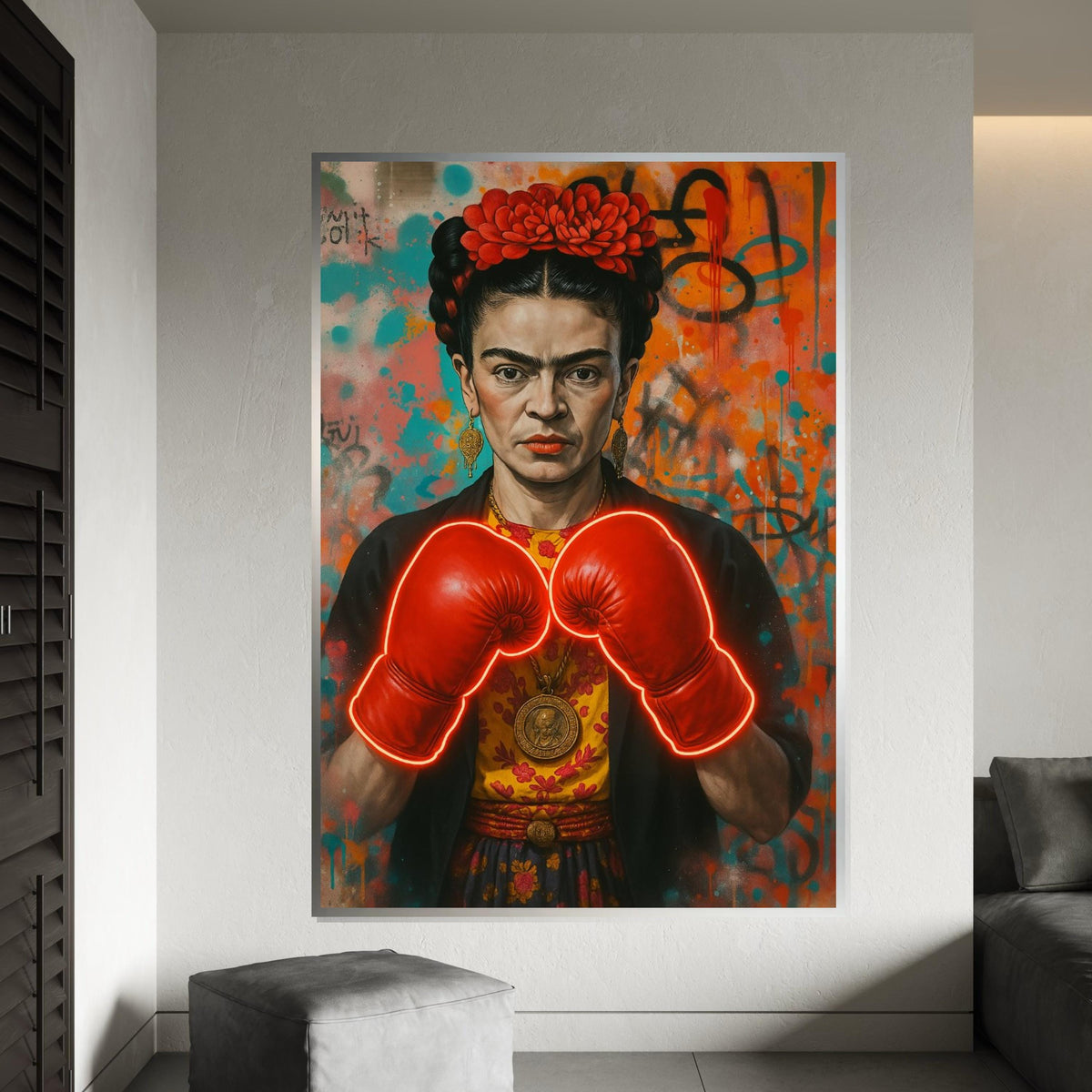 Frida Boxing Gloves Canvas, Feminist Street Art Print, Neon Pop Art Frida Wall Art, Bold Empowerment Decor, Ready To Hang Canvas
