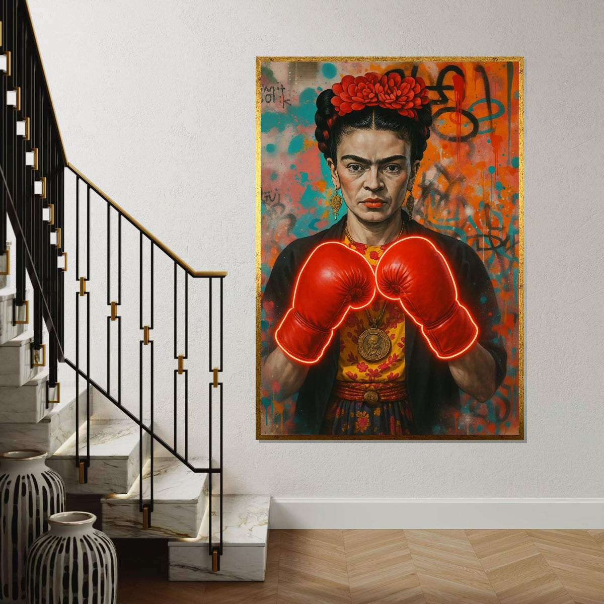 Frida Boxing Gloves Canvas, Feminist Street Art Print, Neon Pop Art Frida Wall Art, Bold Empowerment Decor, Ready To Hang Canvas