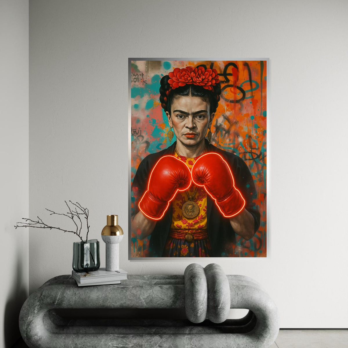 Frida Boxing Gloves Canvas, Feminist Street Art Print, Neon Pop Art Frida Wall Art, Bold Empowerment Decor, Ready To Hang Canvas