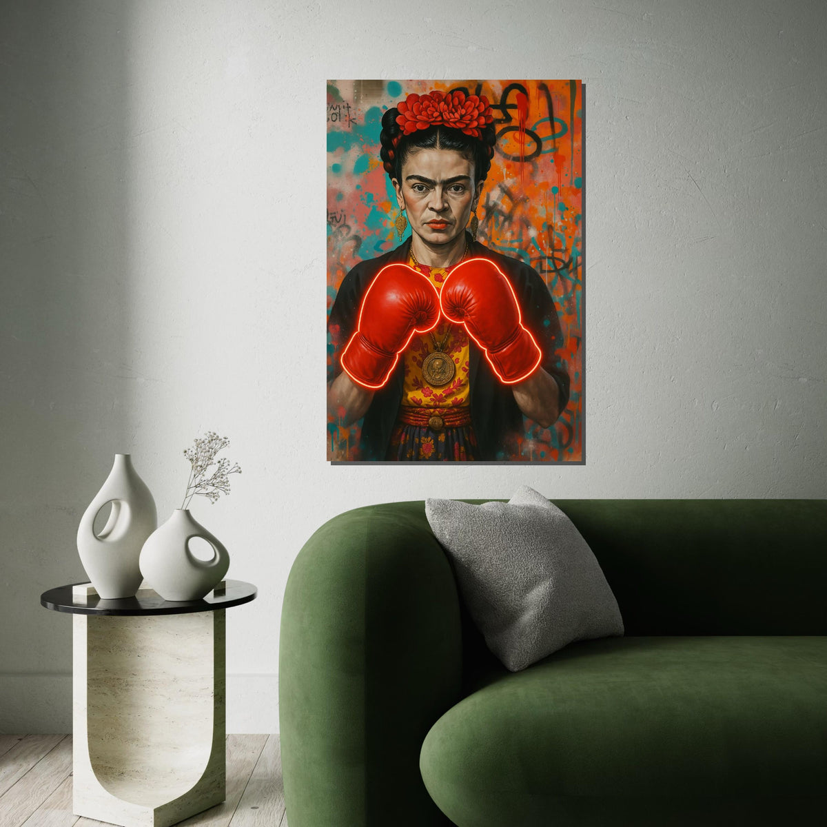 Frida Boxing Gloves Canvas, Feminist Street Art Print, Neon Pop Art Frida Wall Art, Bold Empowerment Decor, Ready To Hang Canvas