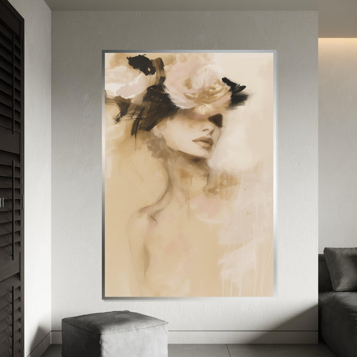 Abstract Lady with Flowers Canvas, Elegant Woman Wall Art, Fashion Illustration, Wall Art Canvas Design, Framed Ready to Hang