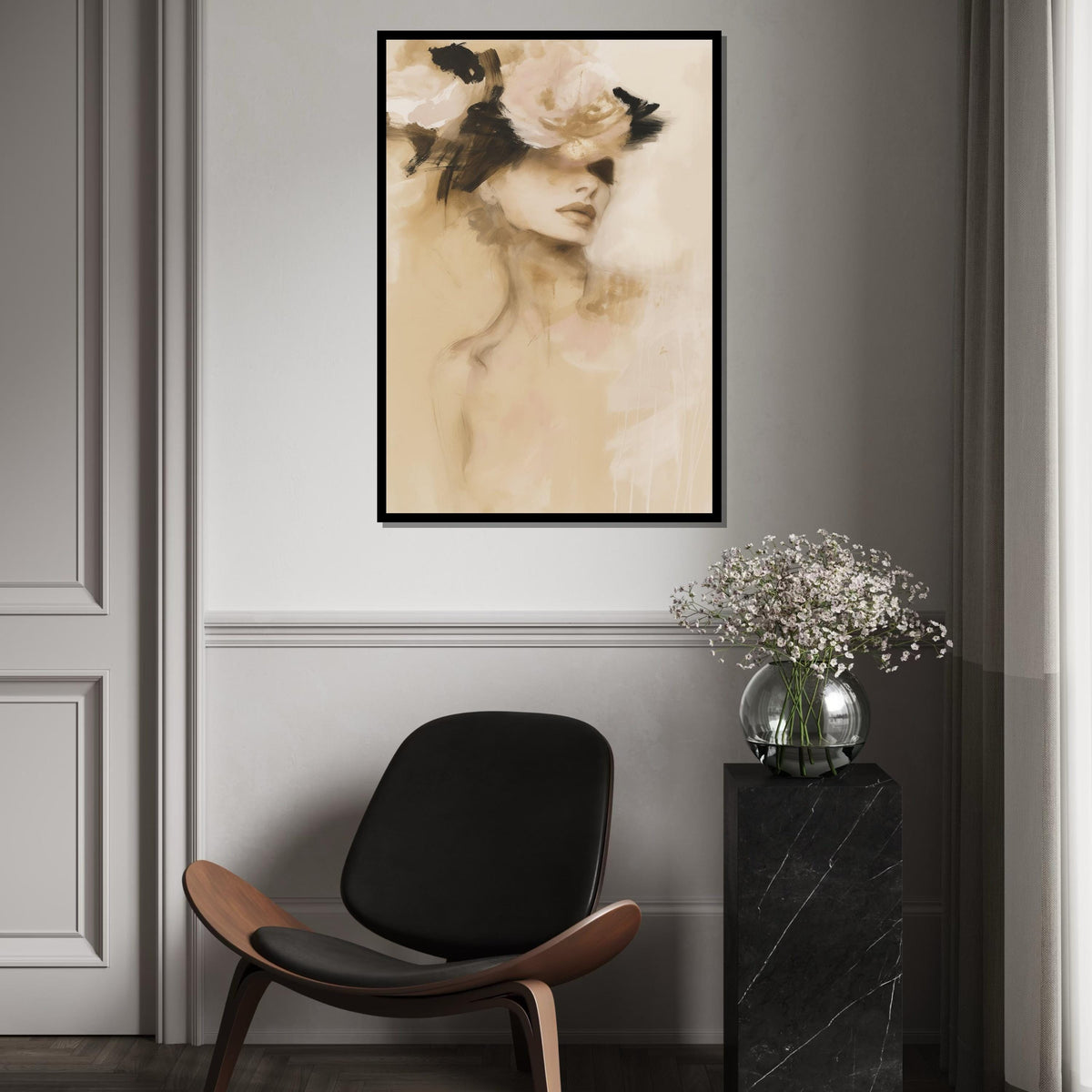 Abstract Lady with Flowers Canvas, Elegant Woman Wall Art, Fashion Illustration, Wall Art Canvas Design, Framed Ready to Hang