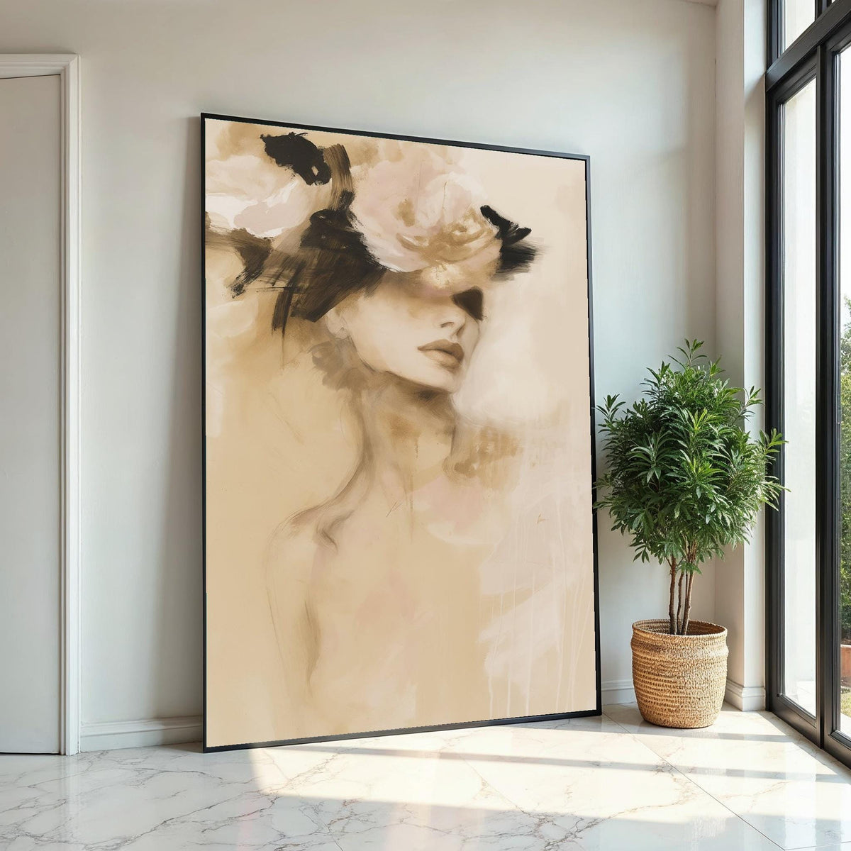 Abstract Lady with Flowers Canvas, Elegant Woman Wall Art, Fashion Illustration, Wall Art Canvas Design, Framed Ready to Hang
