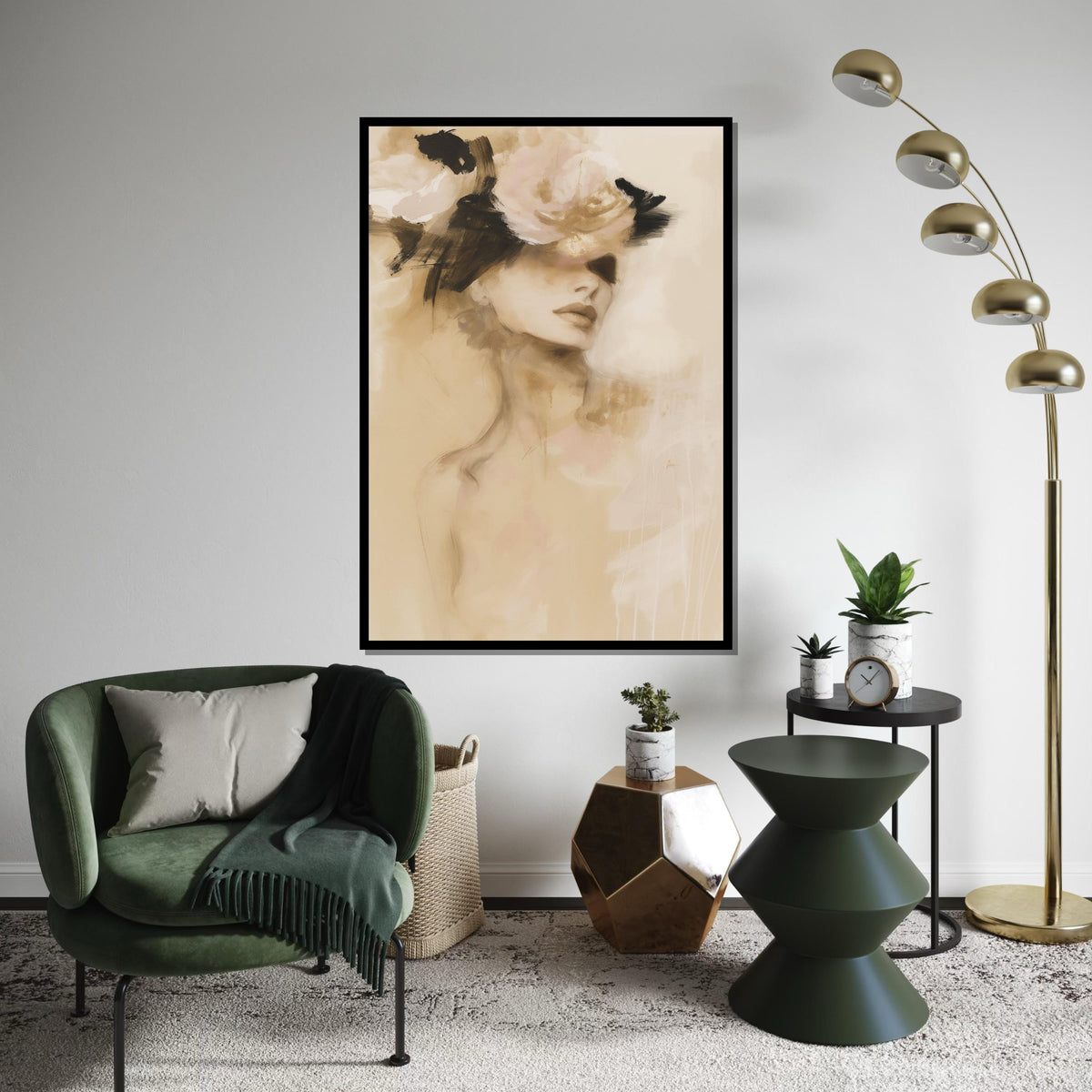 Abstract Lady with Flowers Canvas, Elegant Woman Wall Art, Fashion Illustration, Wall Art Canvas Design, Framed Ready to Hang