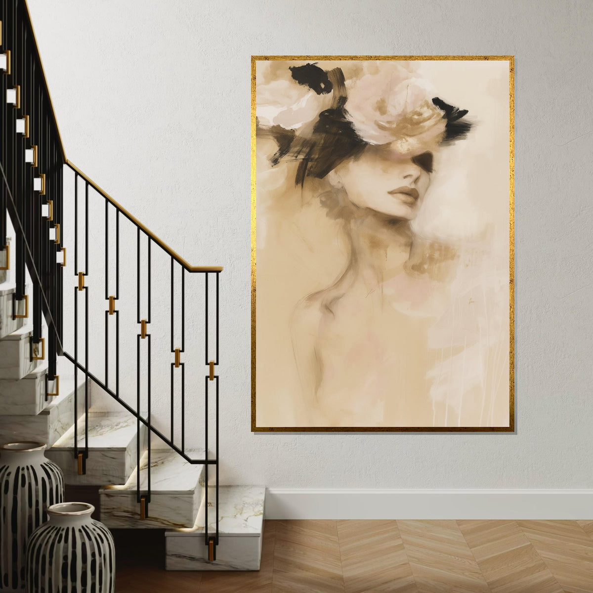 Abstract Lady with Flowers Canvas, Elegant Woman Wall Art, Fashion Illustration, Wall Art Canvas Design, Framed Ready to Hang