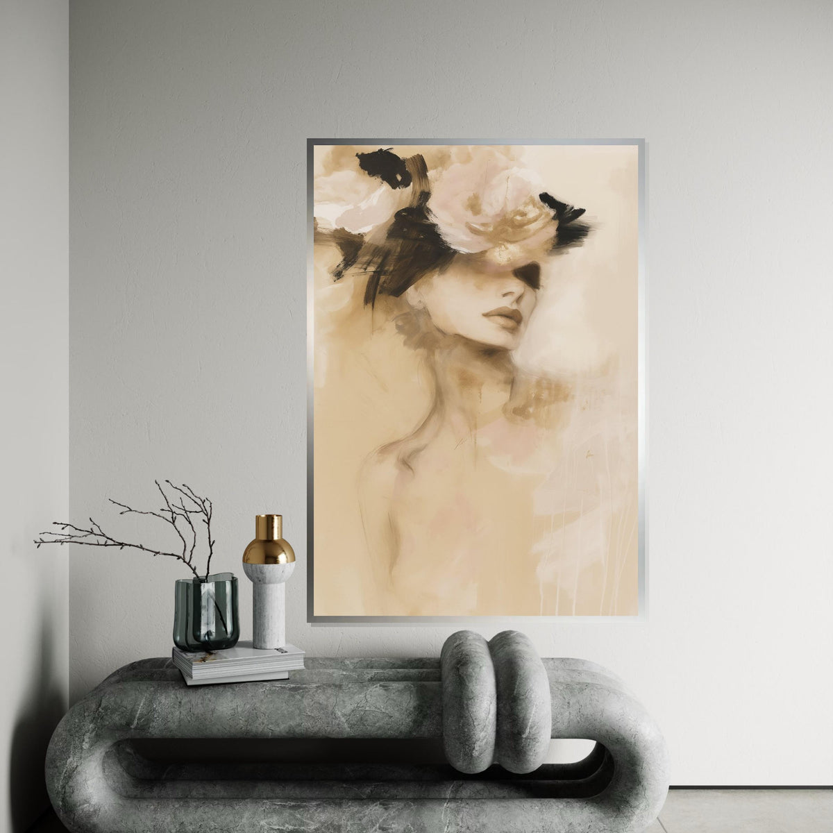 Abstract Lady with Flowers Canvas, Elegant Woman Wall Art, Fashion Illustration, Wall Art Canvas Design, Framed Ready to Hang