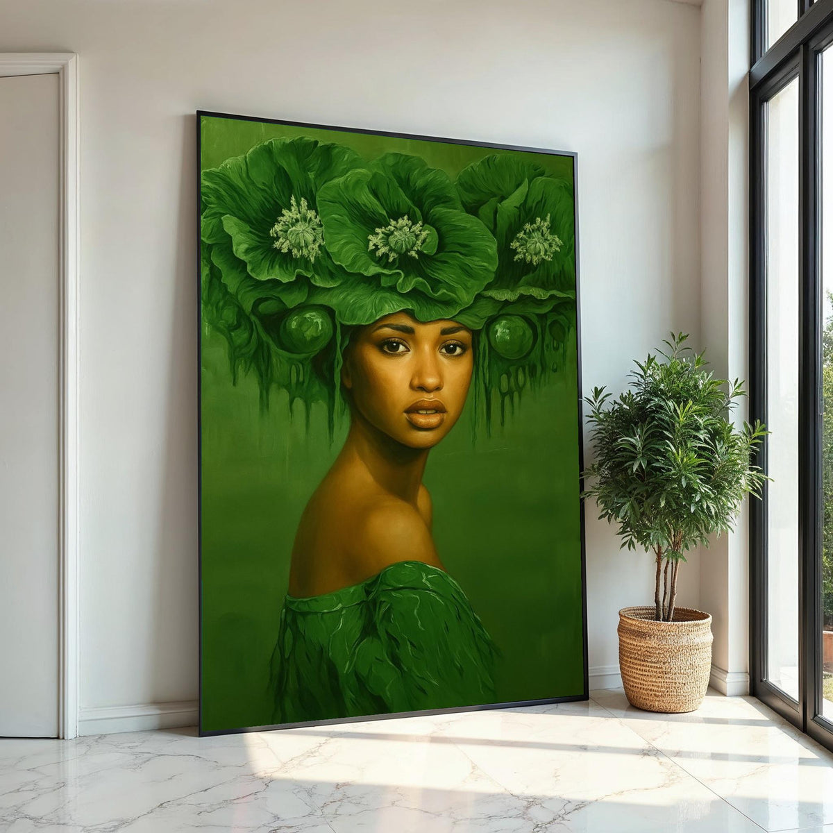 Emerald Elegance, Green Floral Headdress Canvas, Portrait Wall Art, Botanical Woman Art, Wall Art Canvas Design, Ready to Hang Decor