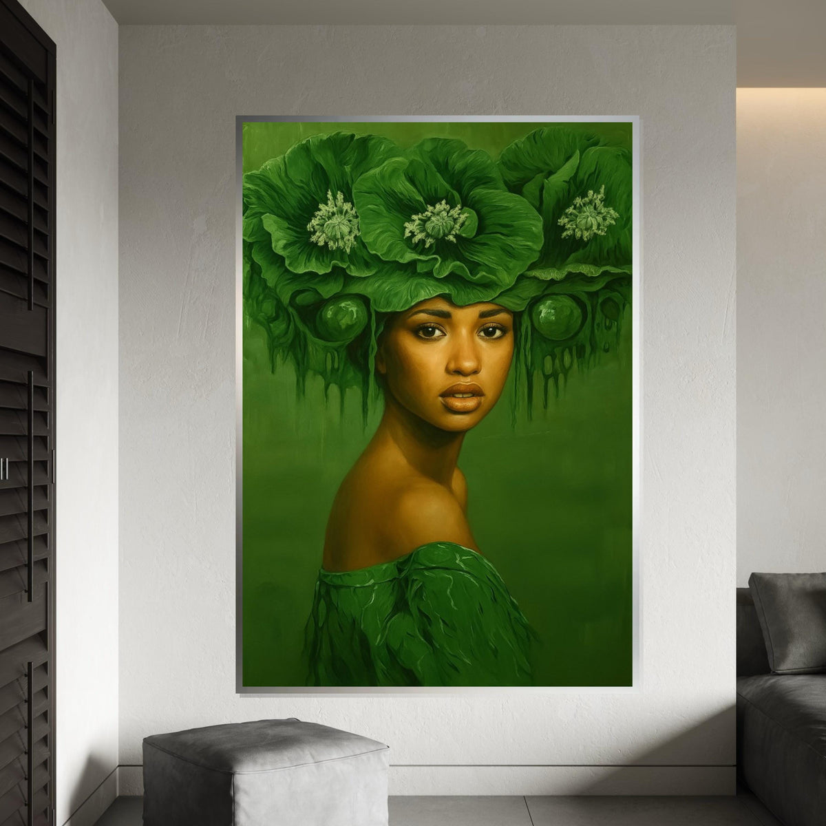 Emerald Elegance, Green Floral Headdress Canvas, Portrait Wall Art, Botanical Woman Art, Wall Art Canvas Design, Ready to Hang Decor