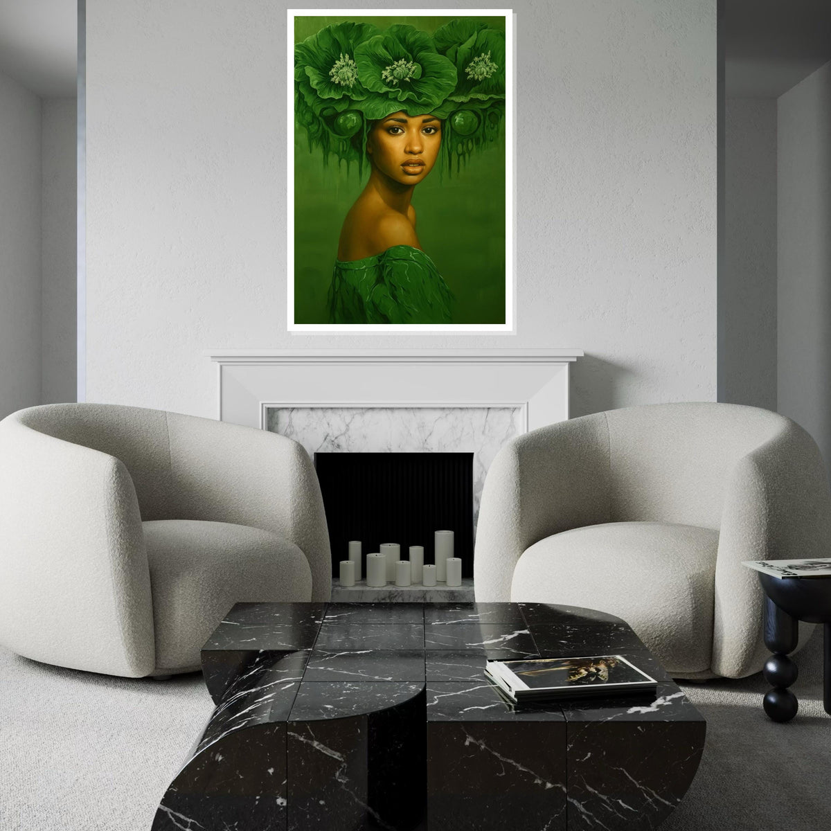 Emerald Elegance, Green Floral Headdress Canvas, Portrait Wall Art, Botanical Woman Art, Wall Art Canvas Design, Ready to Hang Decor