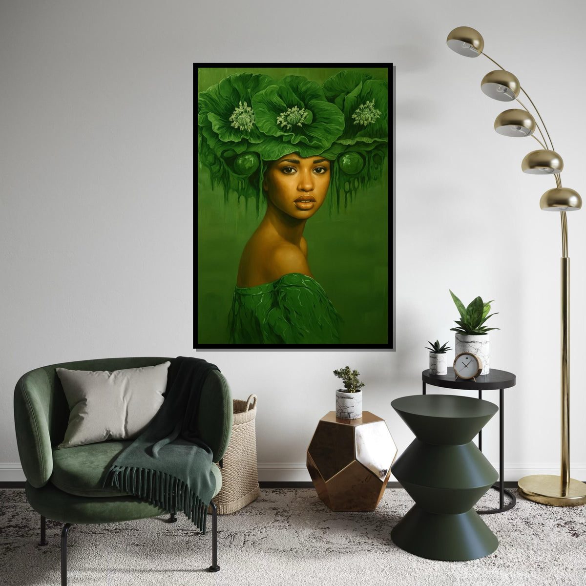 Emerald Elegance, Green Floral Headdress Canvas, Portrait Wall Art, Botanical Woman Art, Wall Art Canvas Design, Ready to Hang Decor