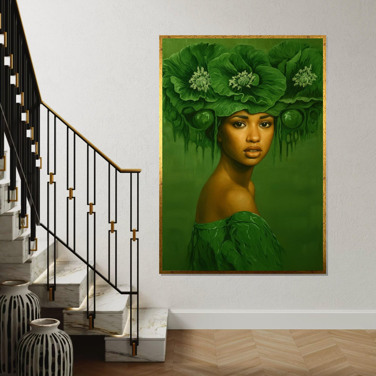 Emerald Elegance, Green Floral Headdress Canvas, Portrait Wall Art, Botanical Woman Art, Wall Art Canvas Design, Ready to Hang Decor