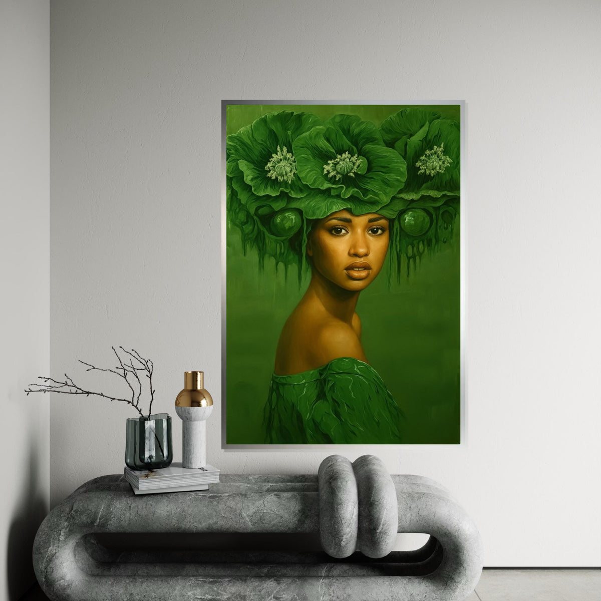 Emerald Elegance, Green Floral Headdress Canvas, Portrait Wall Art, Botanical Woman Art, Wall Art Canvas Design, Ready to Hang Decor