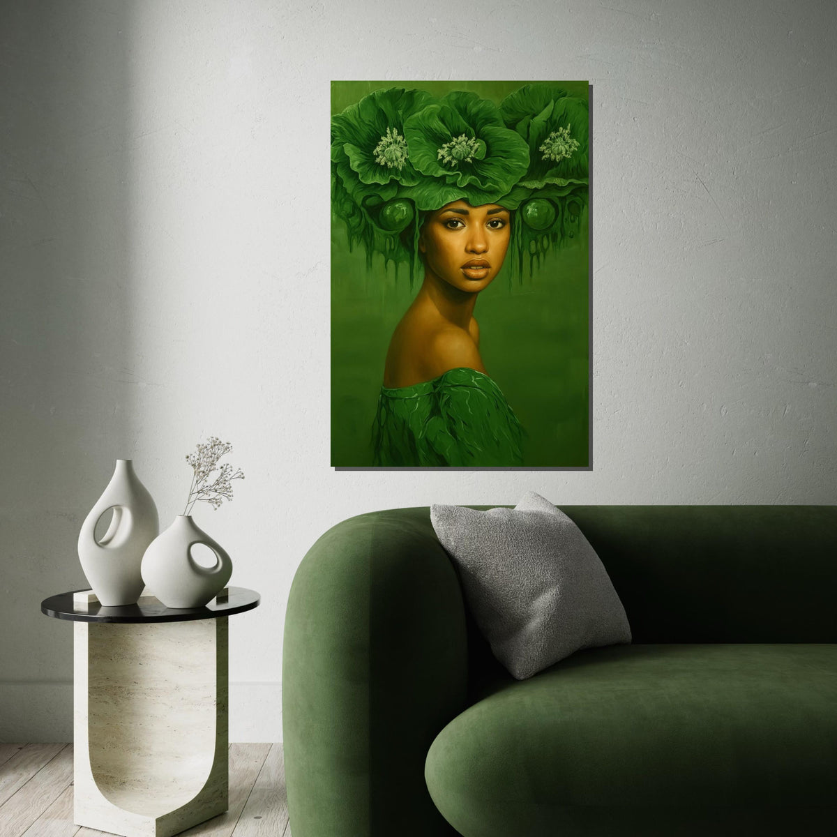 Emerald Elegance, Green Floral Headdress Canvas, Portrait Wall Art, Botanical Woman Art, Wall Art Canvas Design, Ready to Hang Decor