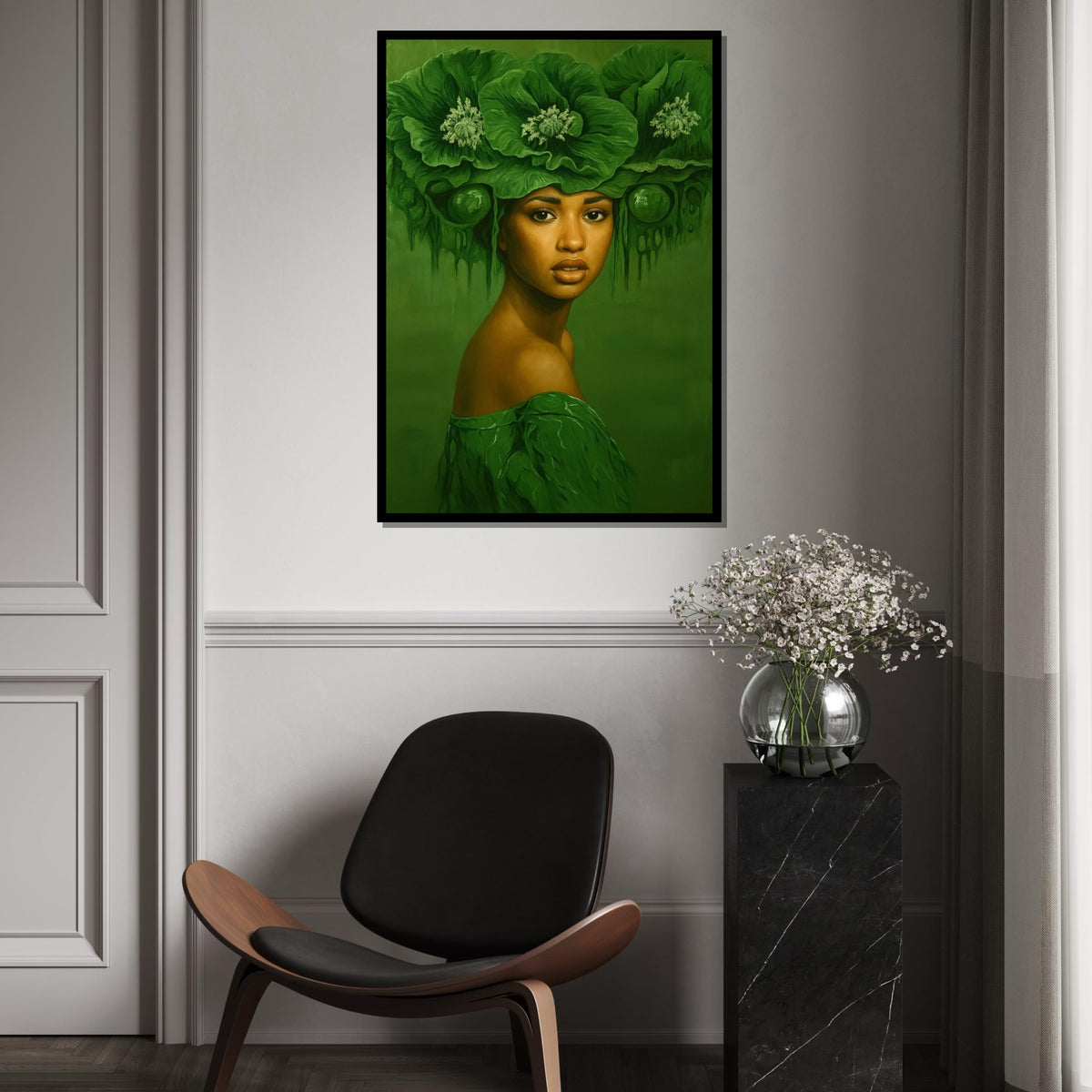 Emerald Elegance, Green Floral Headdress Canvas, Portrait Wall Art, Botanical Woman Art, Wall Art Canvas Design, Ready to Hang Decor