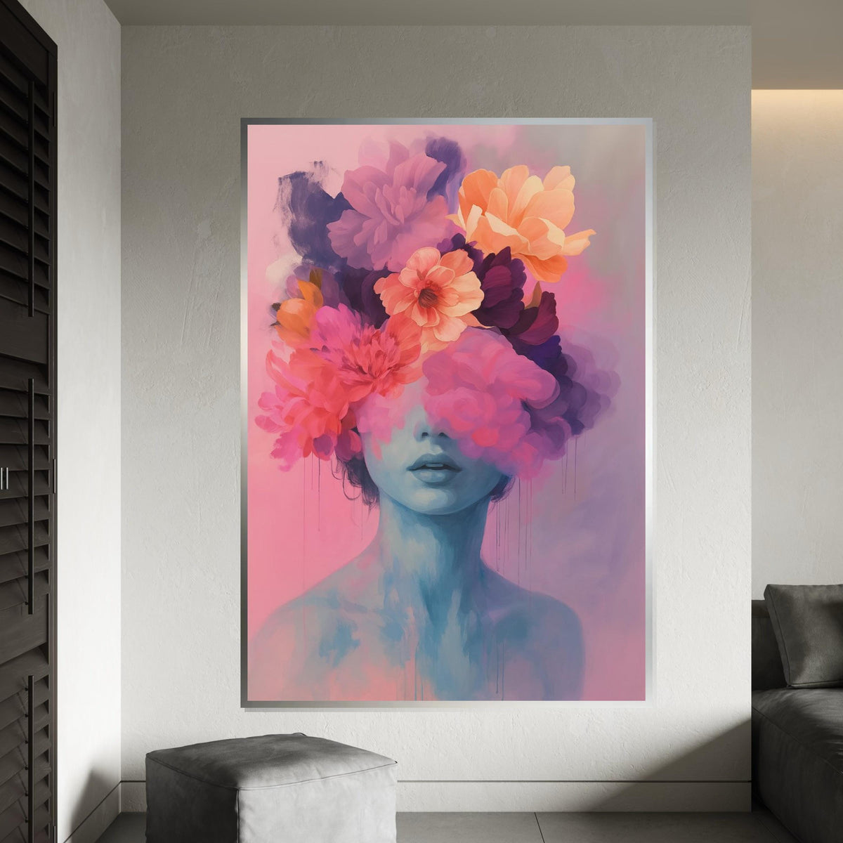 Dreamy Floral Portrait, Surreal Flower Head Canvas, Abstract Art, Wall Art Canvas Design, Ready to Hang Decoration