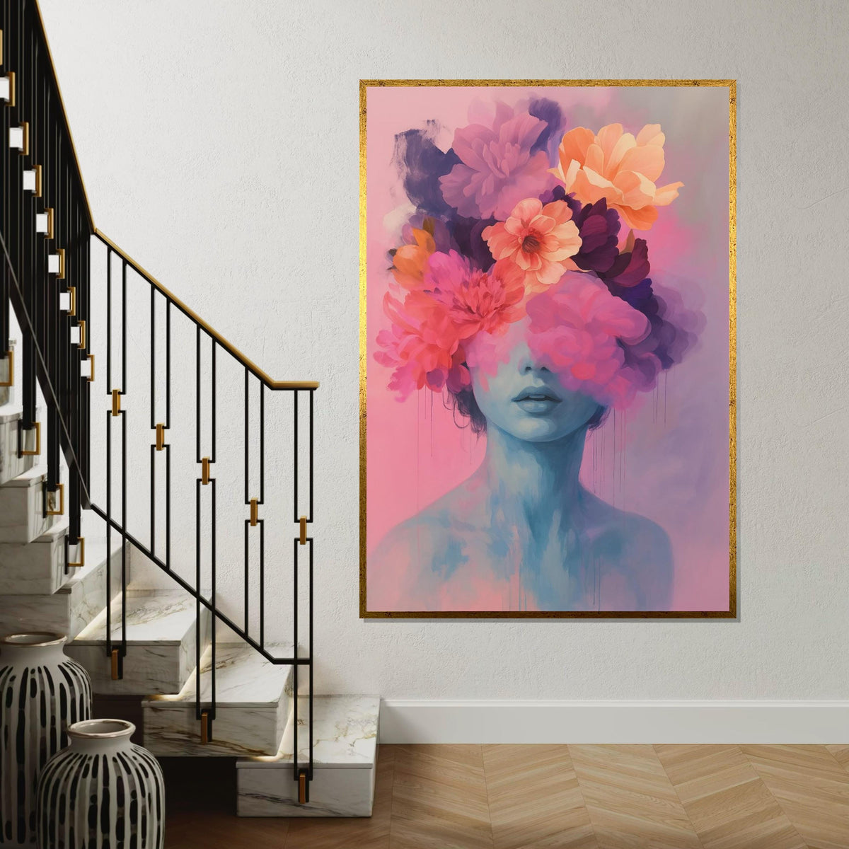 Dreamy Floral Portrait, Surreal Flower Head Canvas, Abstract Art, Wall Art Canvas Design, Ready to Hang Decoration
