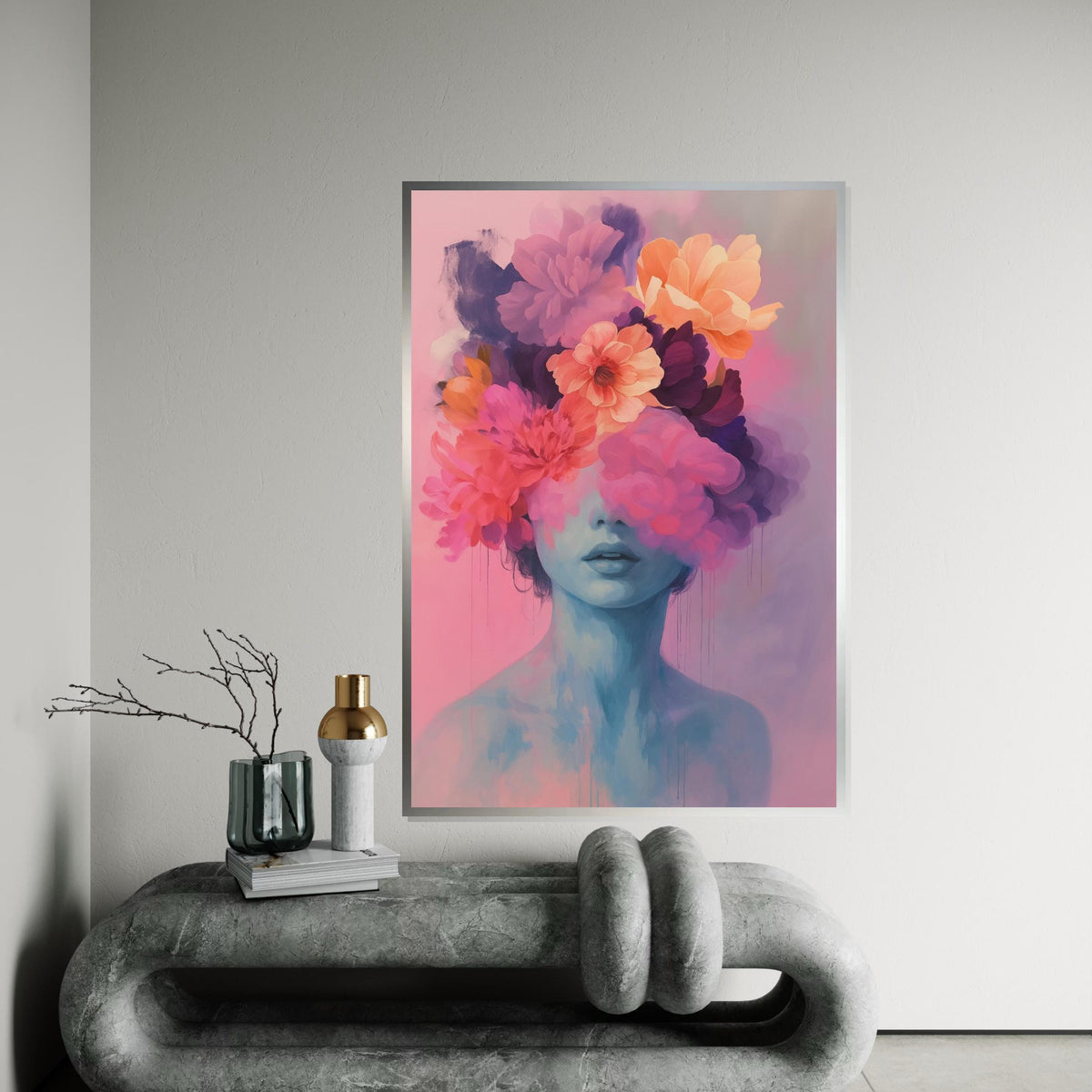 Dreamy Floral Portrait, Surreal Flower Head Canvas, Abstract Art, Wall Art Canvas Design, Ready to Hang Decoration