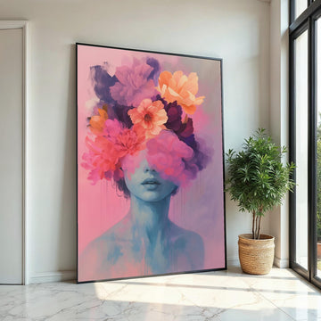 Dreamy Floral Portrait, Surreal Flower Head Canvas, Abstract Art, Wall Art Canvas Design, Ready to Hang Decoration
