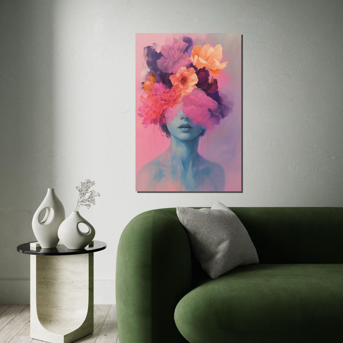 Dreamy Floral Portrait, Surreal Flower Head Canvas, Abstract Art, Wall Art Canvas Design, Ready to Hang Decoration