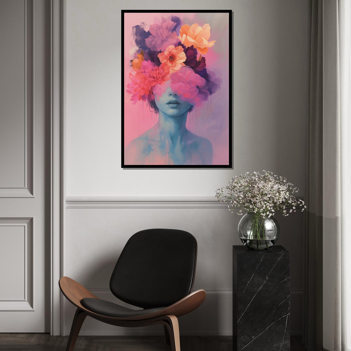 Dreamy Floral Portrait, Surreal Flower Head Canvas, Abstract Art, Wall Art Canvas Design, Ready to Hang Decoration