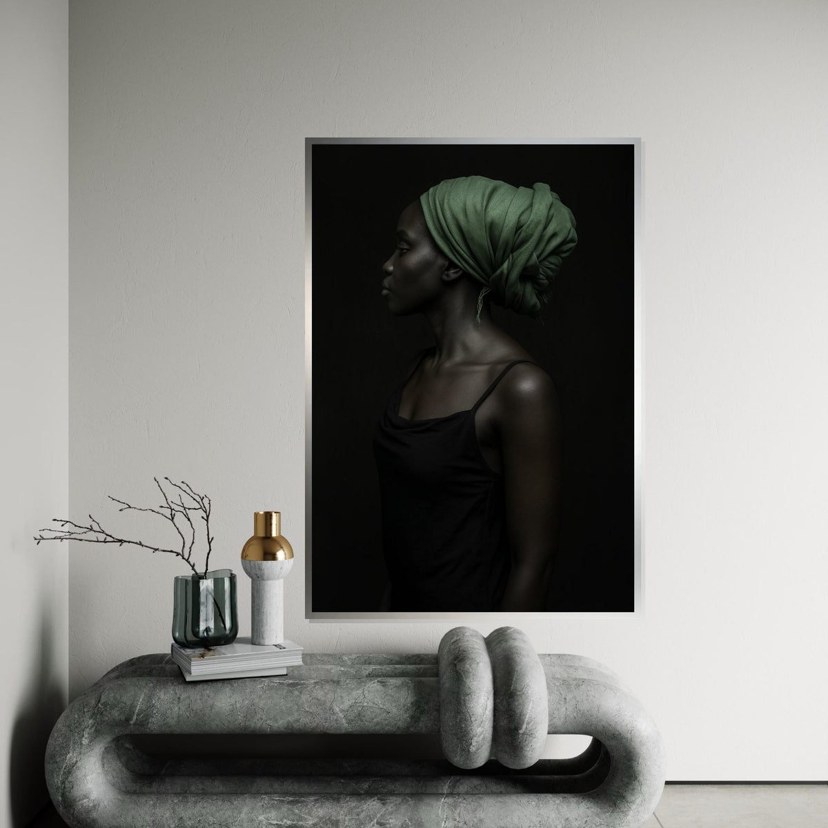 Elegant Profile Canvas,Green Headscarf Art,Afro Woman Art,Portrait Wall Art, Canvas Design, Ready to Hang Decoration, Modern Portrait Poster